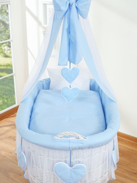 My Sweet Baby Wiklinowy kosz Mojżesza z baldachimem Amelia - biały + niebieska pościel