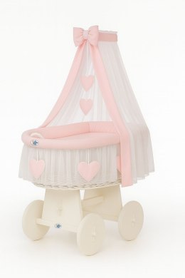 My Sweet Baby Wiklinowy kosz Mojżesza z baldachimem Amelia - biały + różowa pościel