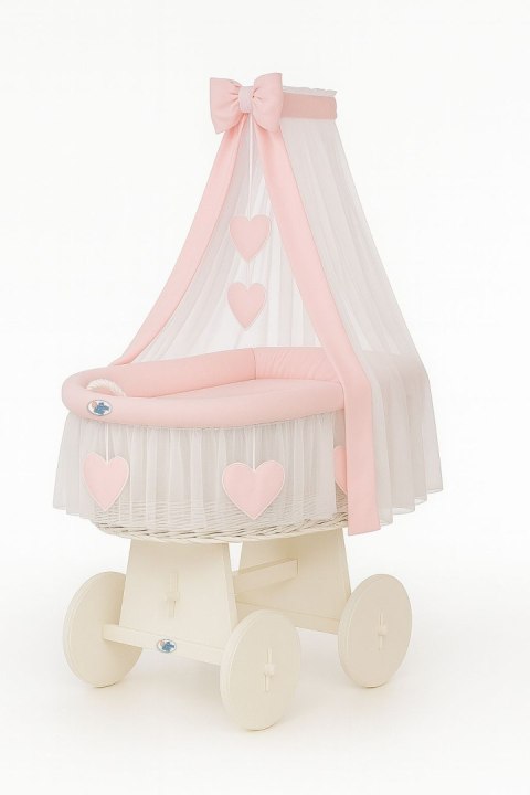 My Sweet Baby Wiklinowy kosz Mojżesza z baldachimem Amelia - biały + różowa pościel