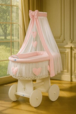 My Sweet Baby Wiklinowy kosz Mojżesza z baldachimem Amelia - biały + różowa pościel