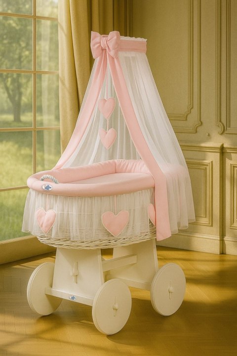 My Sweet Baby Wiklinowy kosz Mojżesza z baldachimem Amelia - biały + różowa pościel
