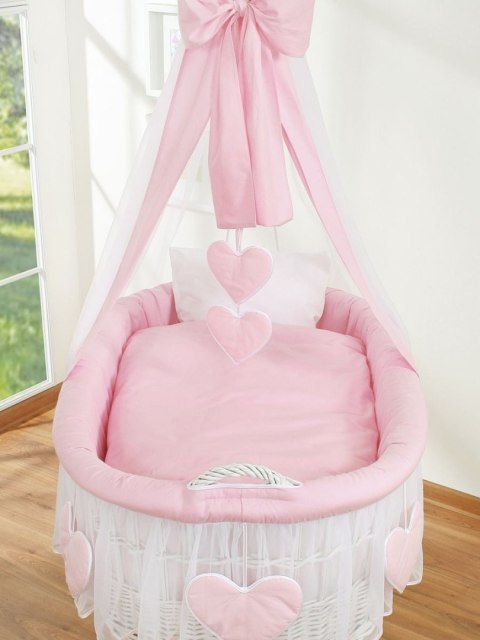 My Sweet Baby Wiklinowy kosz Mojżesza z baldachimem Amelia - biały + różowa pościel