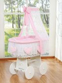 My Sweet Baby Wiklinowy kosz Mojżesza z baldachimem Amelia - biały + różowa pościel