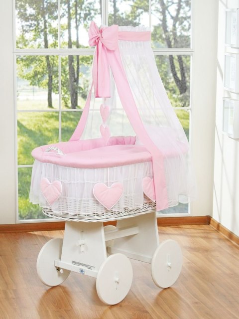 My Sweet Baby Wiklinowy kosz Mojżesza z baldachimem Amelia - biały + różowa pościel