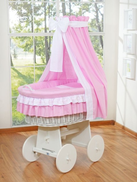 My Sweet Baby Wiklinowy kosz Mojżesza z baldachimem Bellamy - biały + różowa pościel