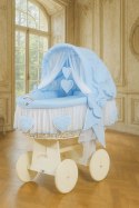 My Sweet Baby Wiklinowy kosz Mojżesza ze składaną budką Amelia - biały + niebieska pościel