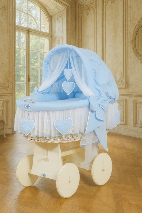 My Sweet Baby Wiklinowy kosz Mojżesza ze składaną budką Amelia - biały + niebieska pościel