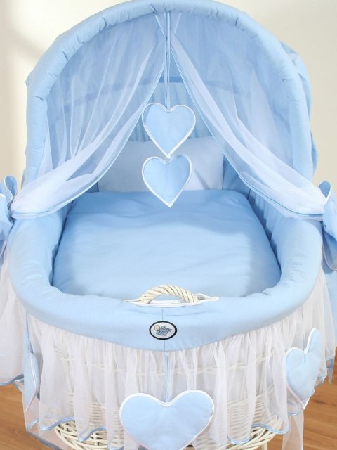 My Sweet Baby Wiklinowy kosz Mojżesza ze składaną budką Amelia - biały + niebieska pościel