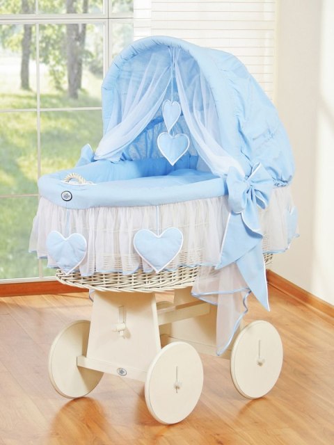 My Sweet Baby Wiklinowy kosz Mojżesza ze składaną budką Amelia - biały + niebieska pościel