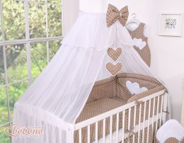 Bobono Duża moskitiera do łóżeczka dziecięcego z białego szyfonu z serduszkami i kokardą - grochy na brązie