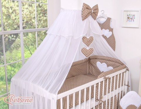 Bobono Duża moskitiera do łóżeczka dziecięcego z białego szyfonu z serduszkami i kokardą - grochy na brązie