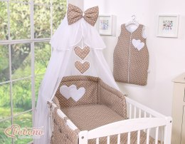 Bobono Duża moskitiera do łóżeczka dziecięcego z białego szyfonu z serduszkami i kokardą - grochy na brązie