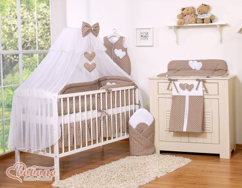 Bobono Duża moskitiera do łóżeczka dziecięcego z białego szyfonu z serduszkami i kokardą - grochy na brązie