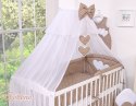 Bobono Duża moskitiera do łóżeczka dziecięcego z białego szyfonu z serduszkami i kokardą - grochy na brązie