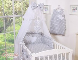 Bobono Duża moskitiera do łóżeczka dziecięcego z białego szyfonu z serduszkami i kokardką -grochy na szary