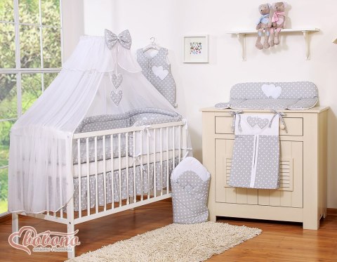 Bobono Duża moskitiera do łóżeczka dziecięcego z białego szyfonu z serduszkami i kokardką -grochy na szary