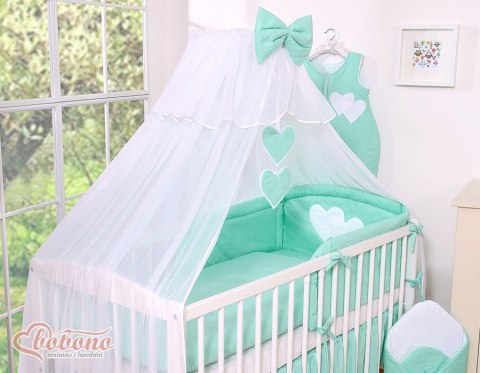 Bobono Duża moskitiera do łóżeczka dziecięcego z białego szyfonu z serduszkami i kokardką - miętowe