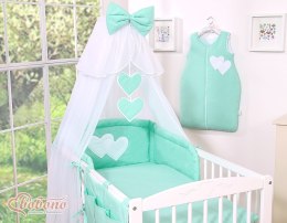 Bobono Duża moskitiera do łóżeczka dziecięcego z białego szyfonu z serduszkami i kokardką - miętowe