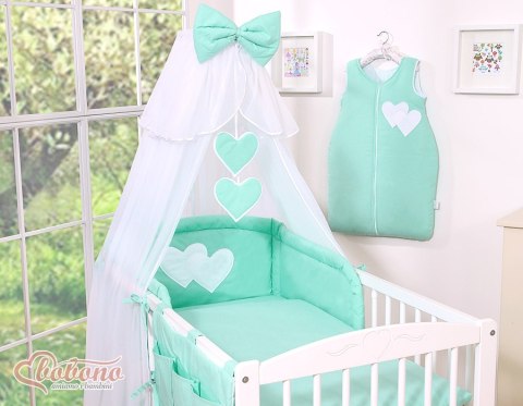 Bobono Duża moskitiera do łóżeczka dziecięcego z białego szyfonu z serduszkami i kokardką - miętowe