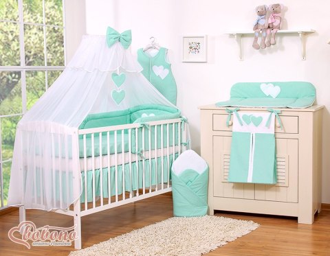 Bobono Duża moskitiera do łóżeczka dziecięcego z białego szyfonu z serduszkami i kokardką - miętowe