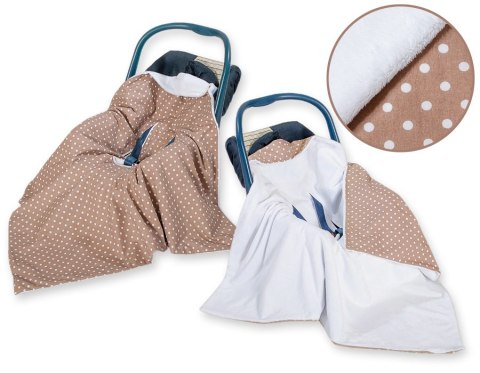 Bobono Duży otulacz dla niemowląt do fotelika nosidełka wózka dwustronny - Białe groszki na brązie