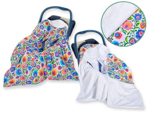 Bobono Duży otulacz dla niemowląt do fotelika nosidełka wózka dwustronny - Folk biały