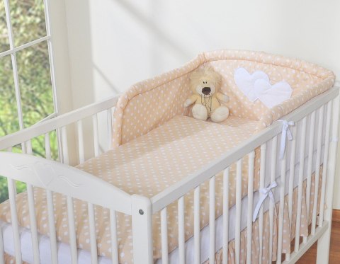 Bobono Ochraniacz do łóżeczka na szczebelki uniwersalny - Serduszka białe grochy na beżowym