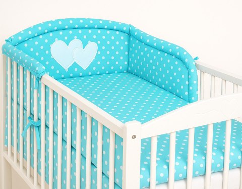 Bobono Ochraniacz do łóżeczka na szczebelki uniwersalny - Serduszka białe grochy na turkusie