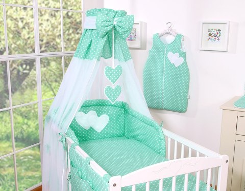 Bobono Pościel 5-cz 120x90 - Serduszka białe grochy na mięcie