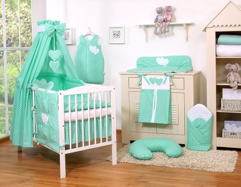 Bobono Pościel 5-cz 120x90 - Serduszka białe grochy na mięcie