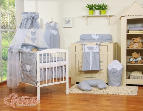 Bobono Pościel 5-cz 120x90 z baldachimem - Wiszące Serduszka kropki na szarym