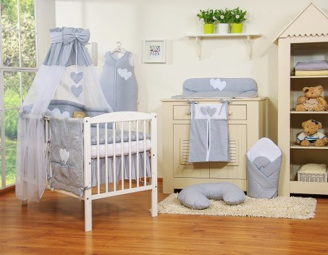 Bobono Pościel 5-cz 120x90 z baldachimem - Wiszące Serduszka kropki na szarym