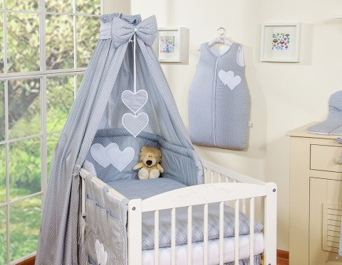 Bobono Pościel 5-cz 120x90 z baldachimem - Wiszące Serduszka kropki na szarym