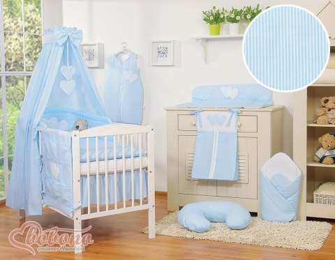 Bobono Pościel 5-cz 120x90 z baldachimem - Wiszące Serduszka paseczki niebieskie