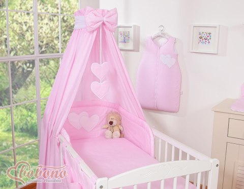 Bobono Pościel 5-cz 120x90 z baldachimem - Wiszące Serduszka paseczki różowe