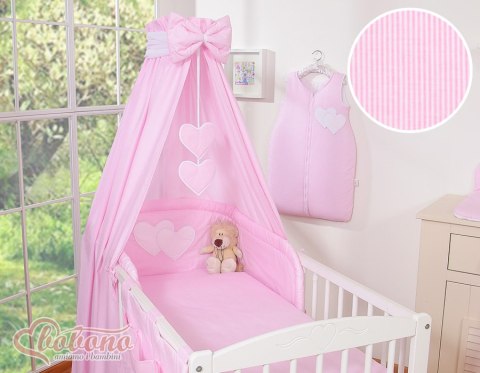 Bobono Pościel 5-cz 120x90 z baldachimem - Wiszące Serduszka paseczki różowe