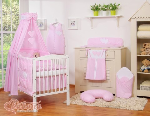 Bobono Pościel 5-cz 120x90 z baldachimem - Wiszące Serduszka paseczki różowe