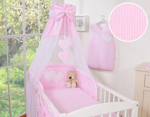 Bobono Pościel 5-cz 120x90 z baldachimem - Wiszące Serduszka paseczki różowe