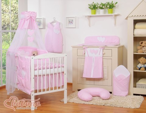 Bobono Pościel 5-cz 120x90 z baldachimem - Wiszące Serduszka paseczki różowe