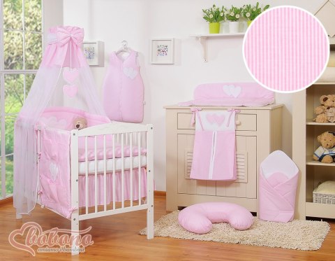 Bobono Pościel 5-cz 120x90 z baldachimem - Wiszące Serduszka paseczki różowe