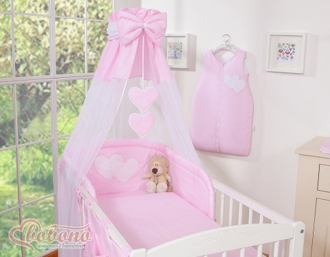 Bobono Pościel 5-cz 120x90 z baldachimem - Wiszące Serduszka paseczki różowe