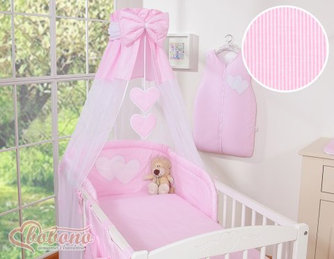 Bobono Pościel 5-cz 120x90 z baldachimem - Wiszące Serduszka paseczki różowe