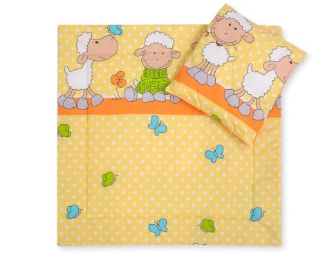Bobono Pościel do wózka z wypełnieniem kołderka i poduszka - Owieczki pomarańczowo-żółte