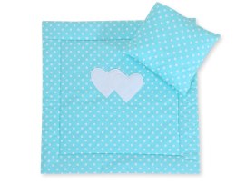 Bobono Pościel do wózka z wypełnieniem kołderka i poduszka - Serduszka białe grochy na turkusie