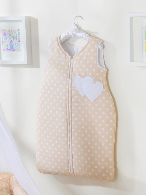 Bobono Śpiworek dla dzieci bawełniany M 6-12 mcy TOG 2.5 całoroczny ocieplany serduszka grochy na beżowym