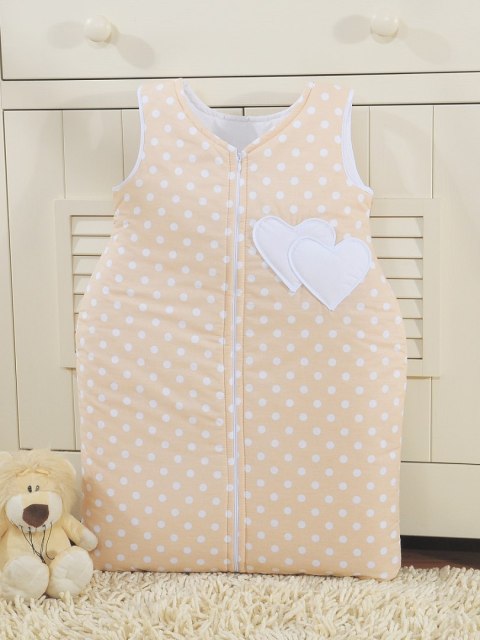 Bobono Śpiworek dla dzieci bawełniany M 6-12 mcy TOG 2.5 całoroczny ocieplany serduszka grochy na beżowym