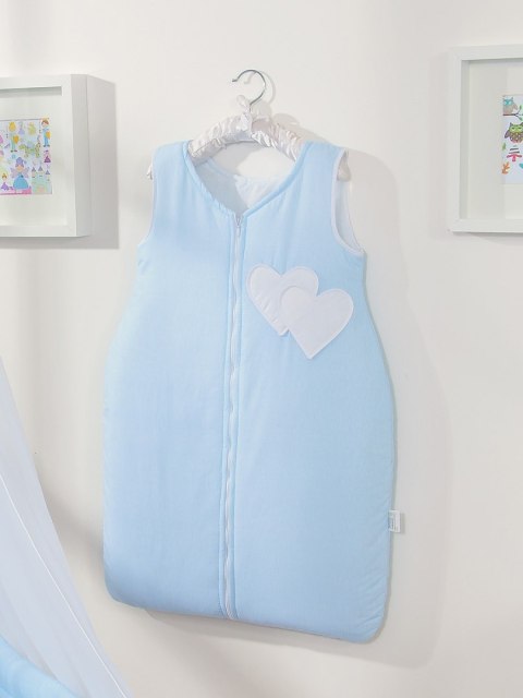 Bobono Śpiworek dla dzieci bawełniany M 6-12 mcy TOG 2.5 całoroczny ocieplany serduszka paseczki niebieskie