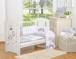 My Sweet Baby Komplet pościeli dla dzieci 135x100cm z ochraniaczem 3-cz Sówki szare z haftem szaro-różowym