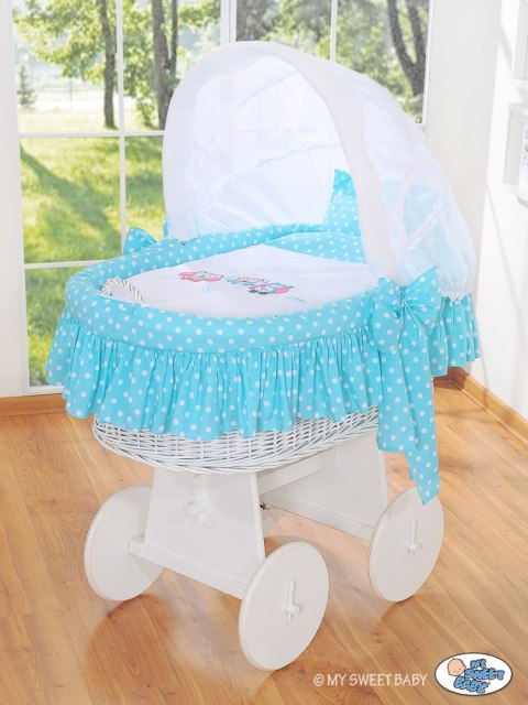 My Sweet Baby Kosz Mojżesza z budką- Sówki biały + turkusowo-biała pościel z haftem