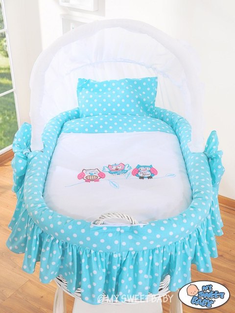 My Sweet Baby Kosz Mojżesza z budką- Sówki biały + turkusowo-biała pościel z haftem